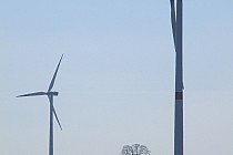 Wieże Rawicza między wiatrakami. Widok z Żołędnicy.