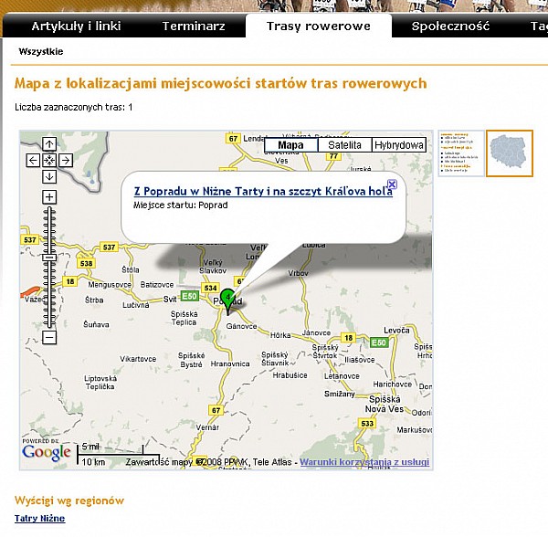 Mapka z lokalizacjami miejscowości startów tras rowerowych