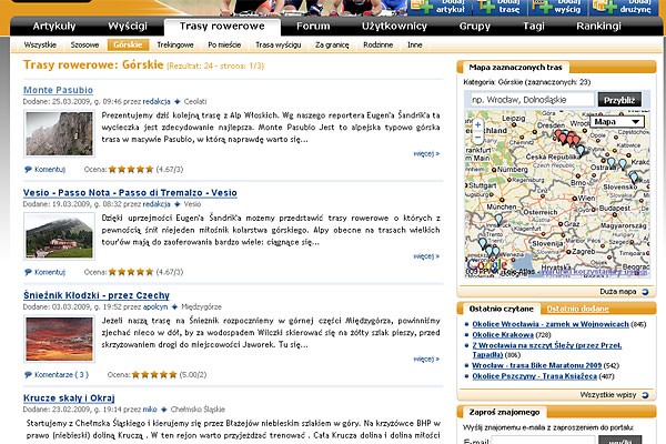 Trasy rowerowe dla wybranej kategorii - z prawej strony mapka z zaznaczonymi trasami