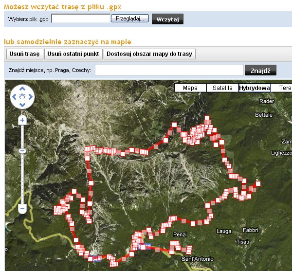 Przebieg trasy rowerowej można samodzielnie zaznaczyć na mapie lub wczytać z pliku .gpx