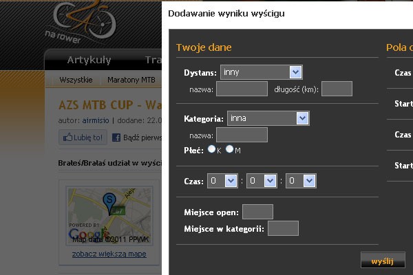 Formularz do zgłaszania wyniku wyścigu.