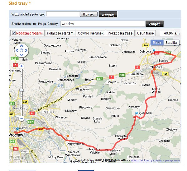 Włączona opcja "Podążaj drogami" pozwala za pomocą 3 punktów wyznaczyć drogę z Wrocławia do Oleśnicy