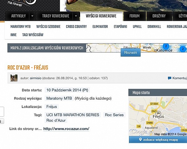 Tagi na stronie wyścigu - nazwa, seria, miejsce startu