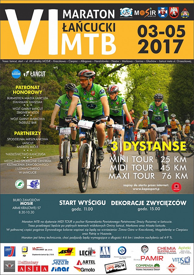 Łańcuckie Towarzystwo Cyklistów w Łańcucie zaprasza amatorów i sympatyków kolarstwa górskiego do wzięcia udziału w organizowanym VI ŁAŃCUCKIM Maratonie MTB w dniu 3 maja 2017 r. Trasa: Łańcut, start honorowy- ul. AK obiekty MOSiR, start ostry ul.W Rutkiewicz – Kraczkowa – Cierpisz – Albigowa – Handzlówka – Husów – Markowa – Sonina – Głuchów – Łańcut meta ul. Orzeszkowej. V ŁAŃCUCKI MARATON MTB organizowany będzie na 3 dystansach MINI TOUR – 25 KM,450 m przewyższenia, MIDI TOUR – 45 KM oraz MAXI TOUR – 76 km, które to przebiegać będą po pięknych terenach widokowych Gminy Łańcut i Markowa oraz Miasta Łańcuta w północnej części Pogórza Dynowskiego. Kolarze wspinać się będą wzniesienia: ZIMNĄ GÓRĘ w KRACZKOWEJ, MAGDALENKĘ w Cierpiszu oraz PATRIĘ w Husowie. Maraton przeznaczony dla wszystkich, gdyż trasa prowadzi po szerokich drogach o różnej nawierzchni. Asfaltu będzie niewiele. Jest łatwa technicznie, choć podjazdy będą wymagające o długości 4-6 km i średnim nachyleniu od 4-9 %. Każdy w swoim wieku może po rywalizować z rówieśnikami i ocenić swoje możliwości.Trasa została lekko zmodyfikowana co bardziej urozmaiciło trasy a ponadto  doszły dwa podjazdy w Cierpiszu.

Zapisy poprzez system on-line: www.kepasport.pl